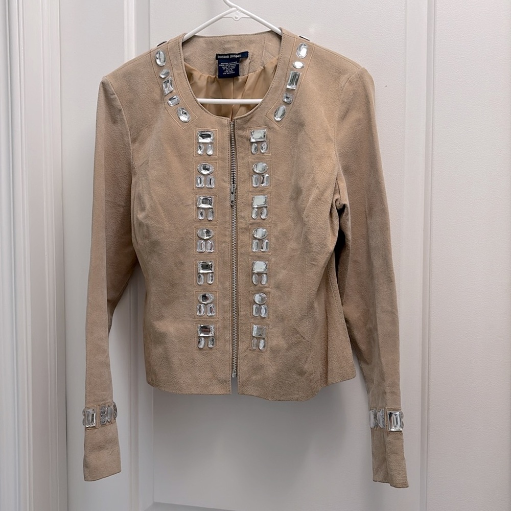 Boston Proper Rhinestone Accented Zip-Up Suede Leather Jacket Size 8 - Picture 3 of 13
